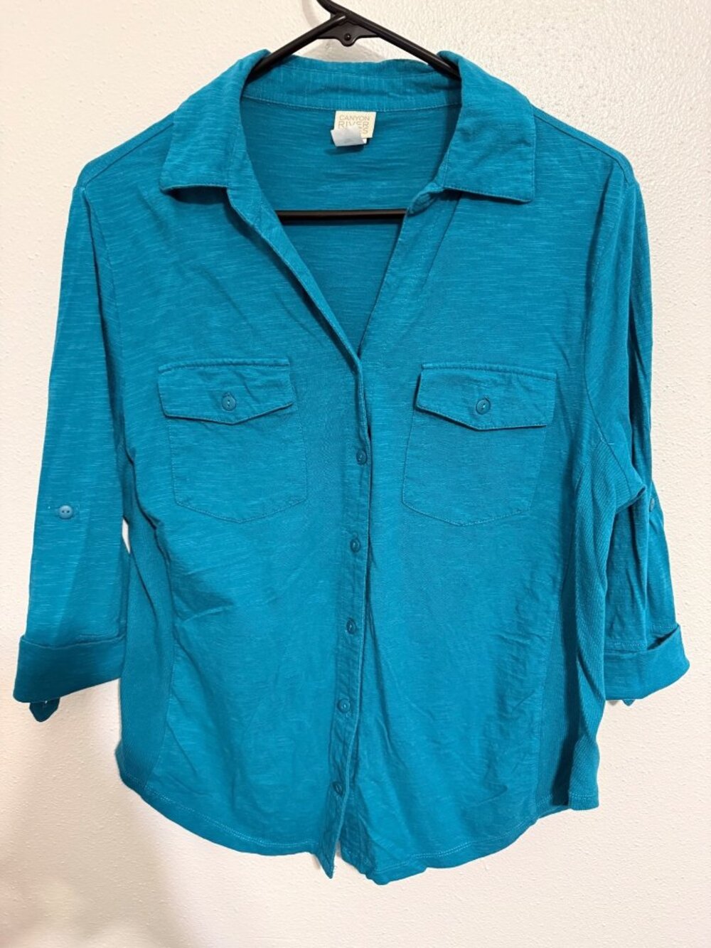 Canyon River Blues Button Down Shirt Teal Blue Roll Tab Utility Womans L